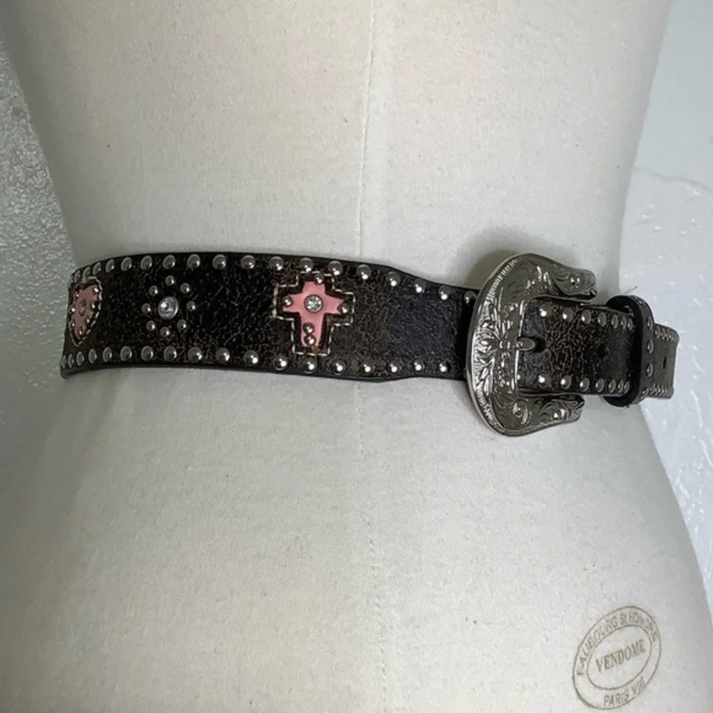 Nocona Pink Hearts Crosses studs Crystals Leather Western Belt Size 24 EUC